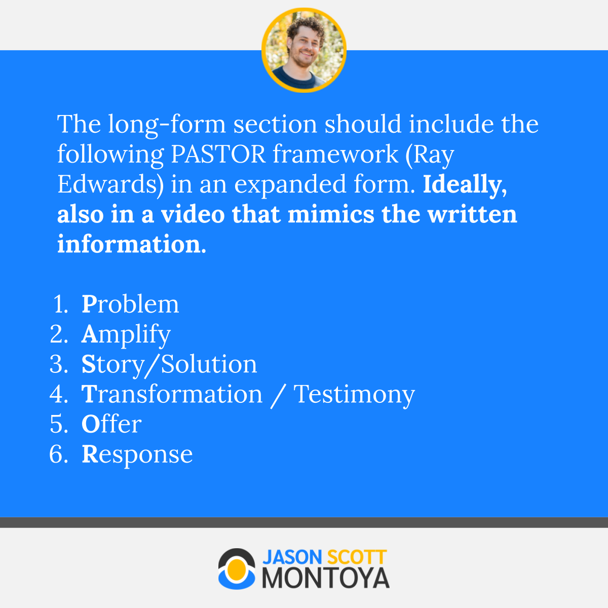 The long-form section should include the following PASTOR framework (Ray Edwards) in an expanded form. Ideally, also in a video that mimics the written information.  Problem Amplify Story/Solution Transformation / Testimony Offer Response