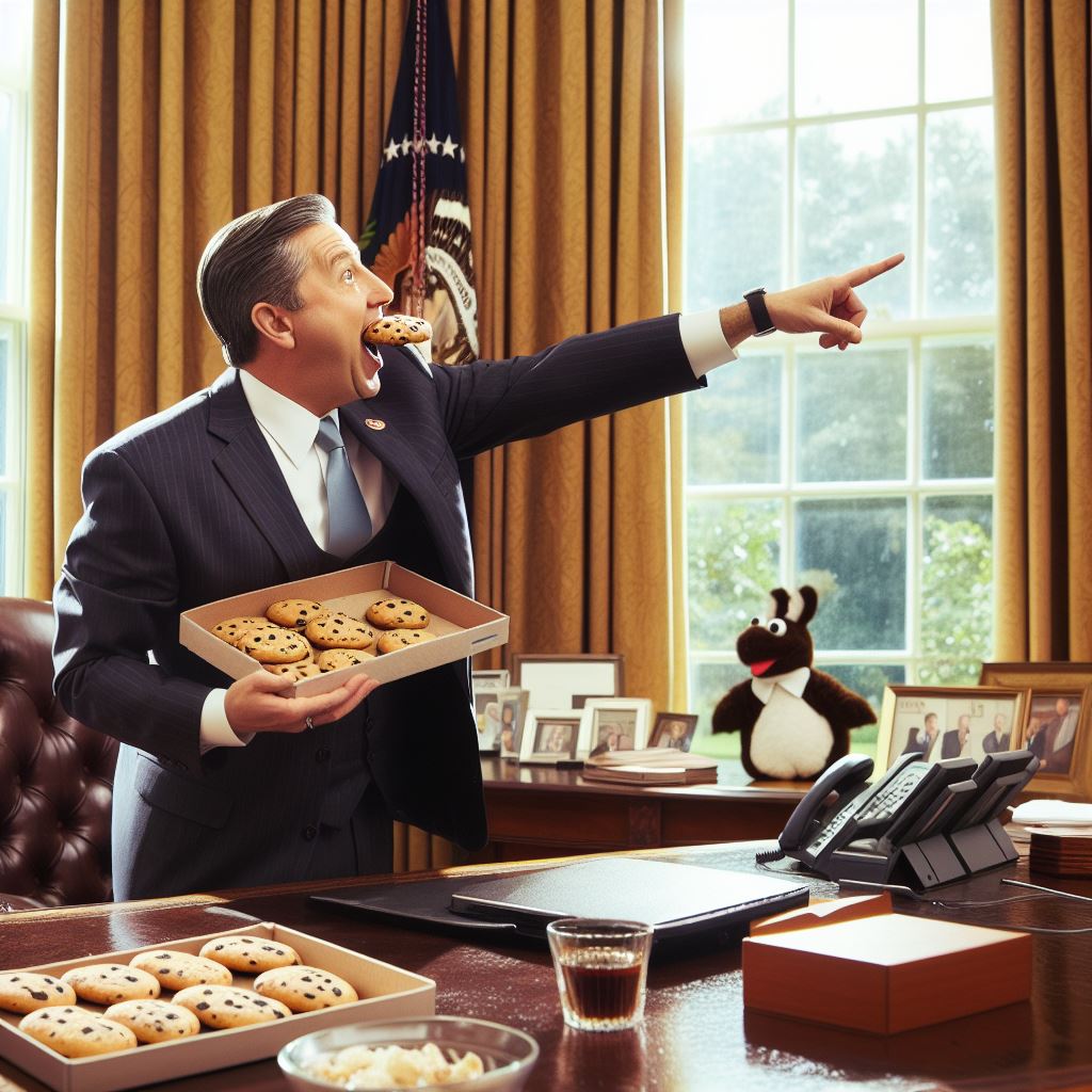 president eating cookies while pointing out the window