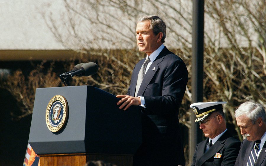 george w bush speaking outdoors