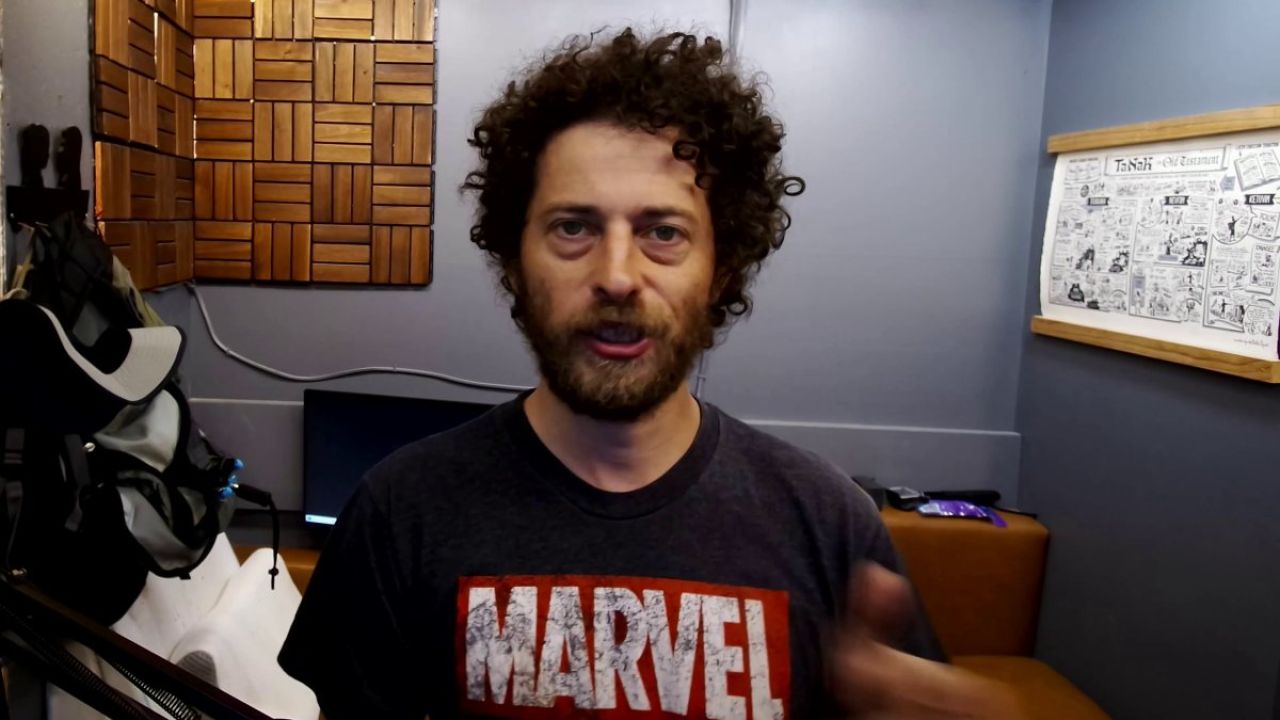 jason montoya, marvel shirt in office