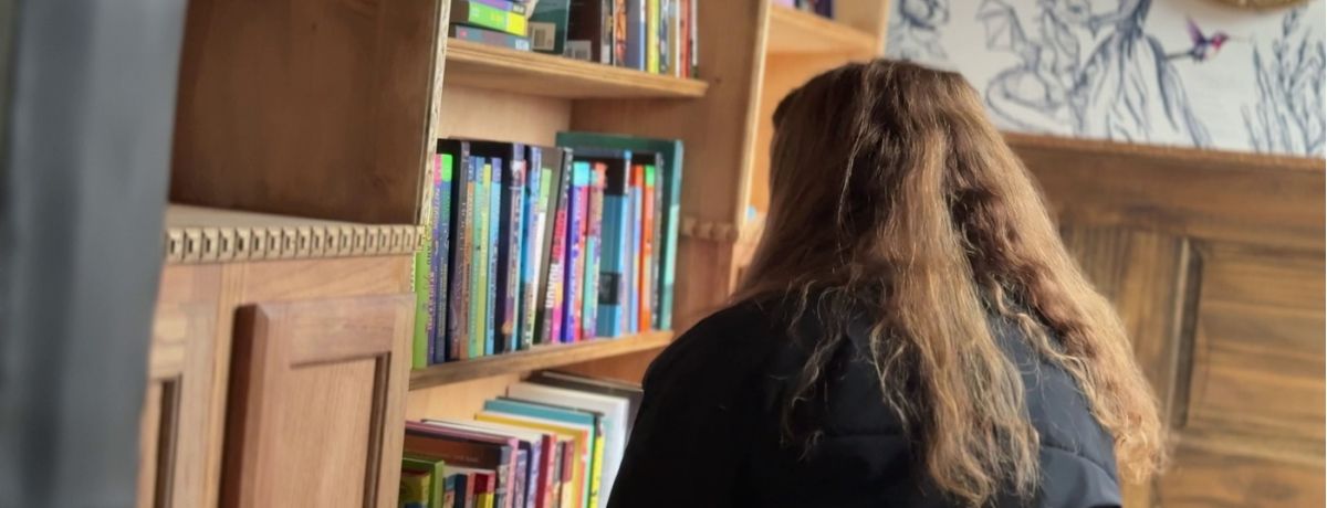 cait, library, bookshelves