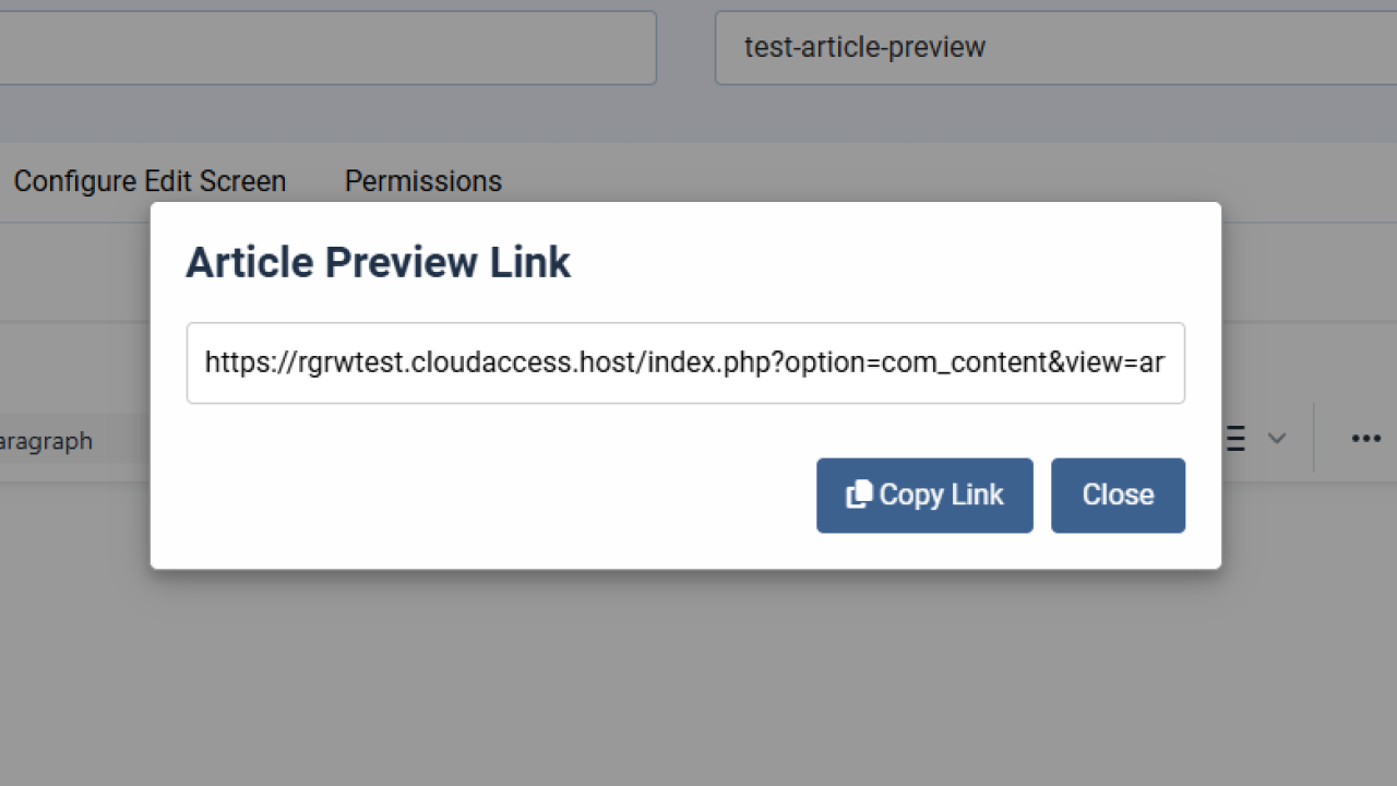 joomla unpublished article preview url generator, modal screenshot