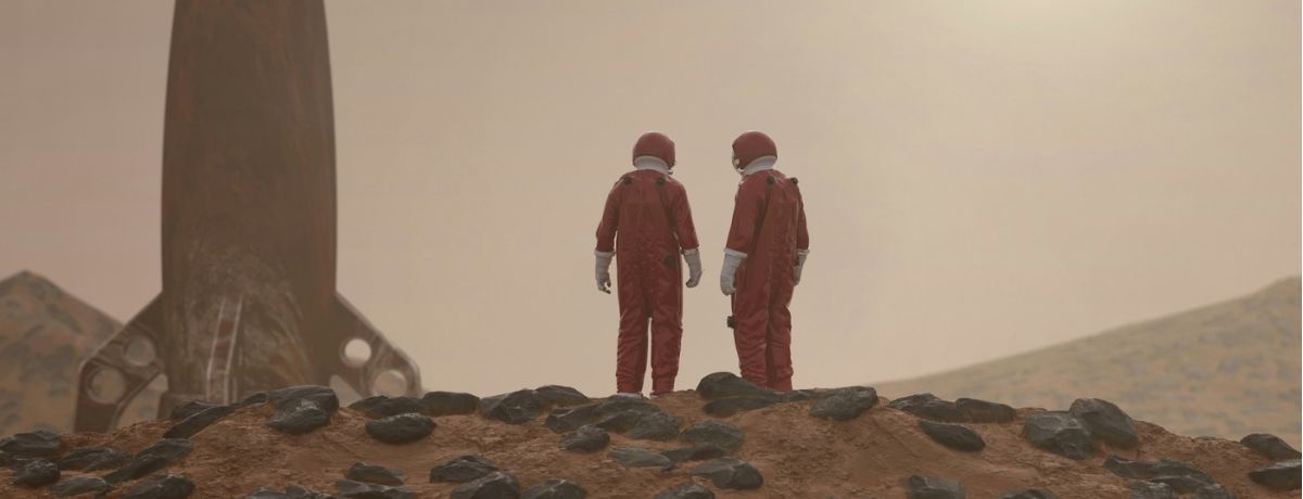 astronauts with ship on foreign planet