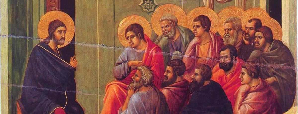 Jesus saying farewell to his eleven remaining disciples, from the Maesta by Duccio, 1308–1311.