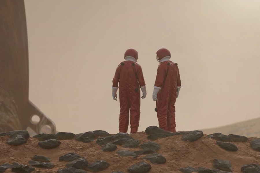 astronauts with ship on foreign planet