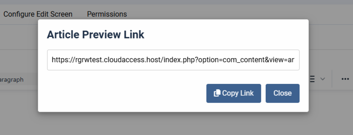 joomla unpublished article preview url generator, modal screenshot