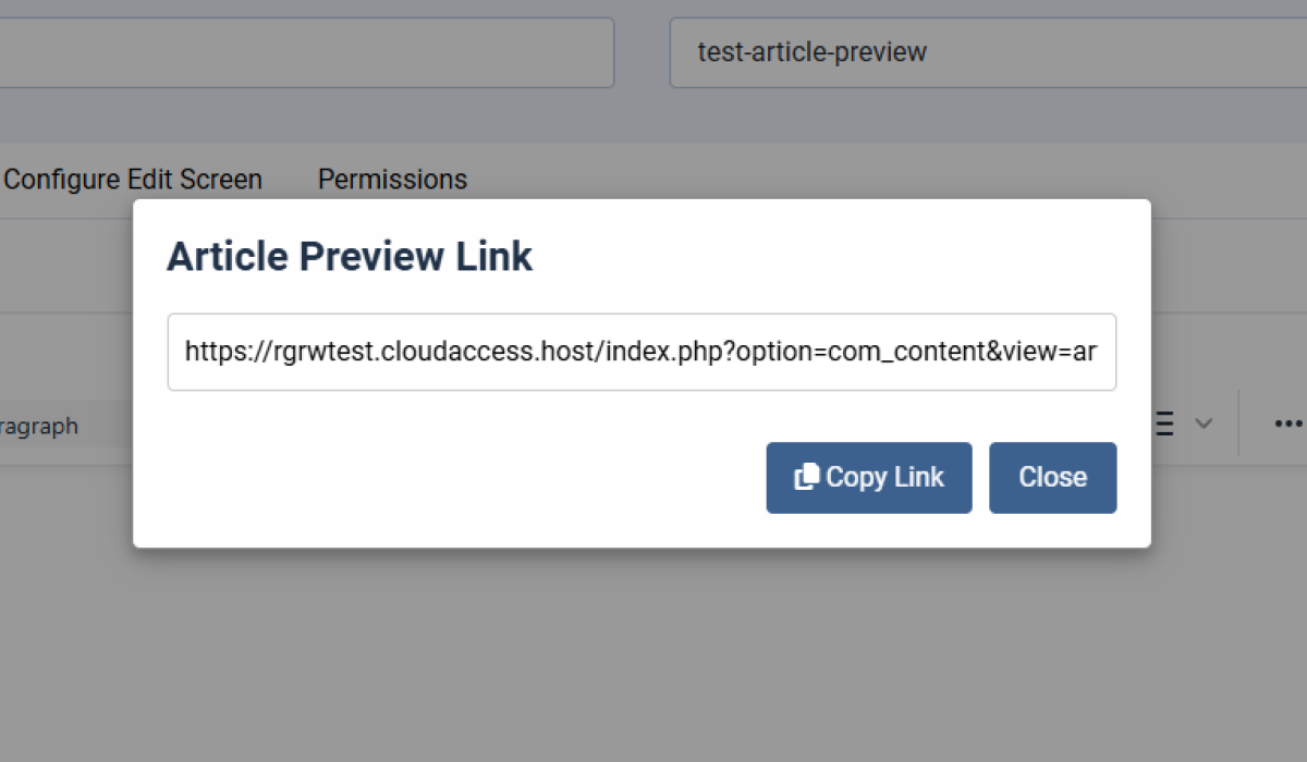 joomla unpublished article preview url generator, modal screenshot