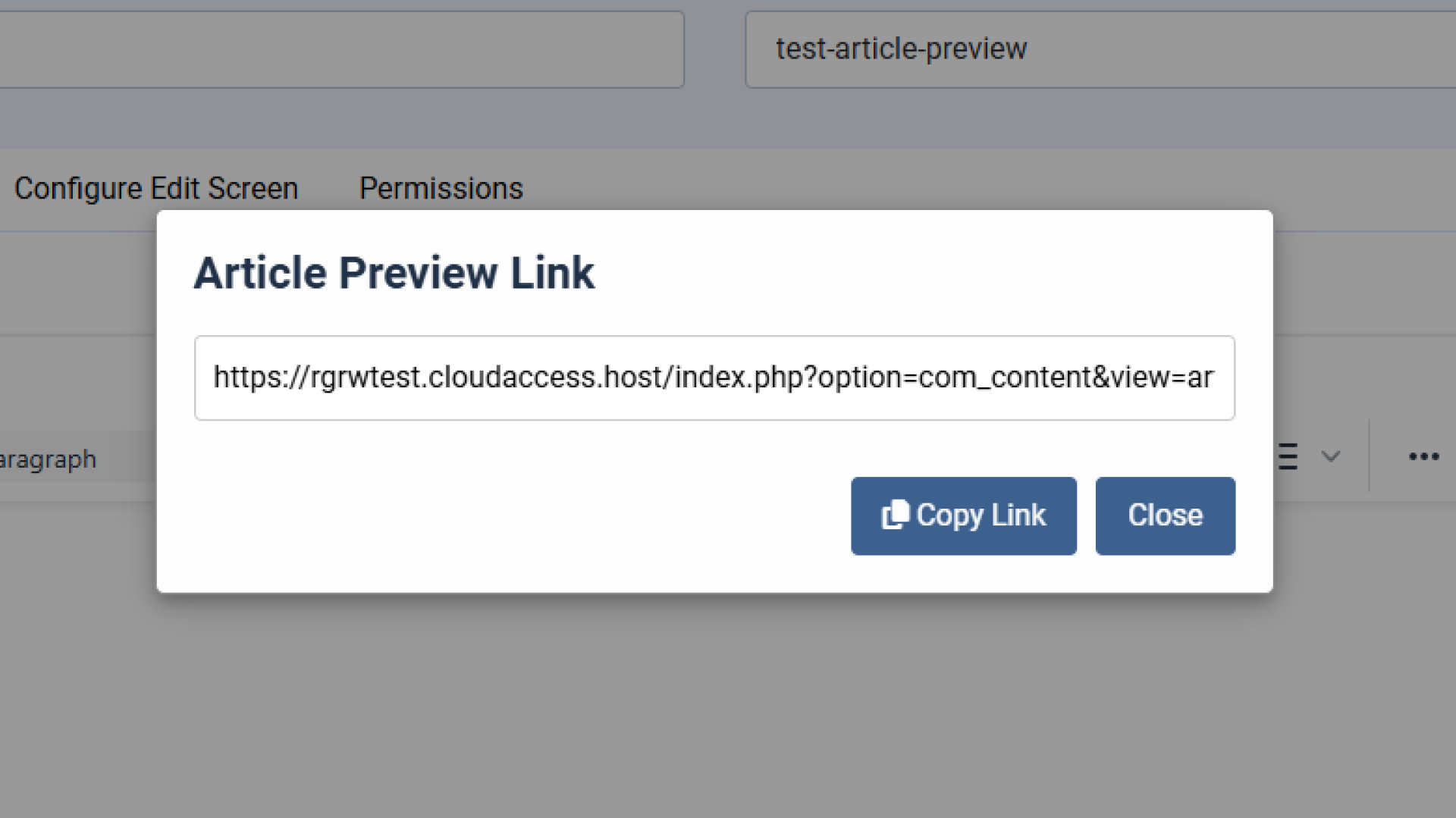 joomla unpublished article preview url generator, modal screenshot