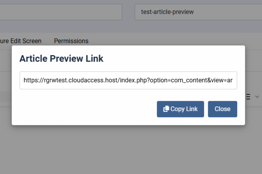 joomla unpublished article preview url generator, modal screenshot