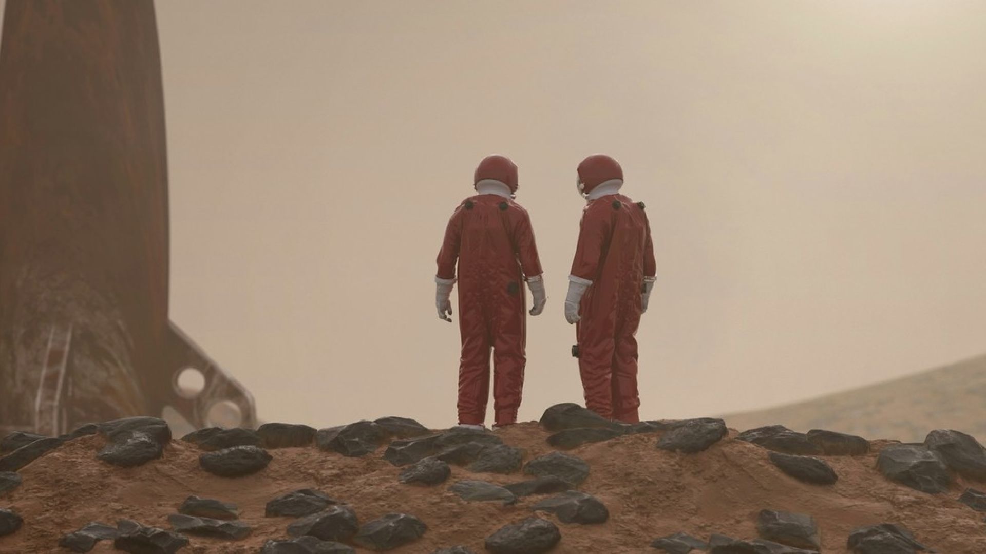 astronauts with ship on foreign planet