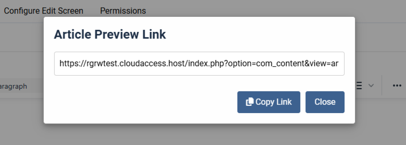joomla unpublished article preview url generator, modal screenshot